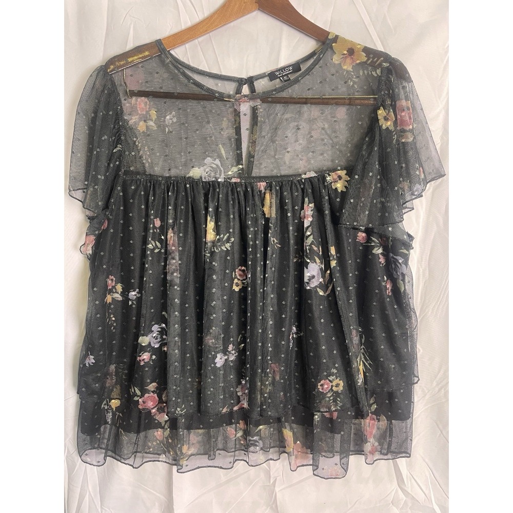 Willow young contemporary women's black floral sheer short sleeve blouse size 2X